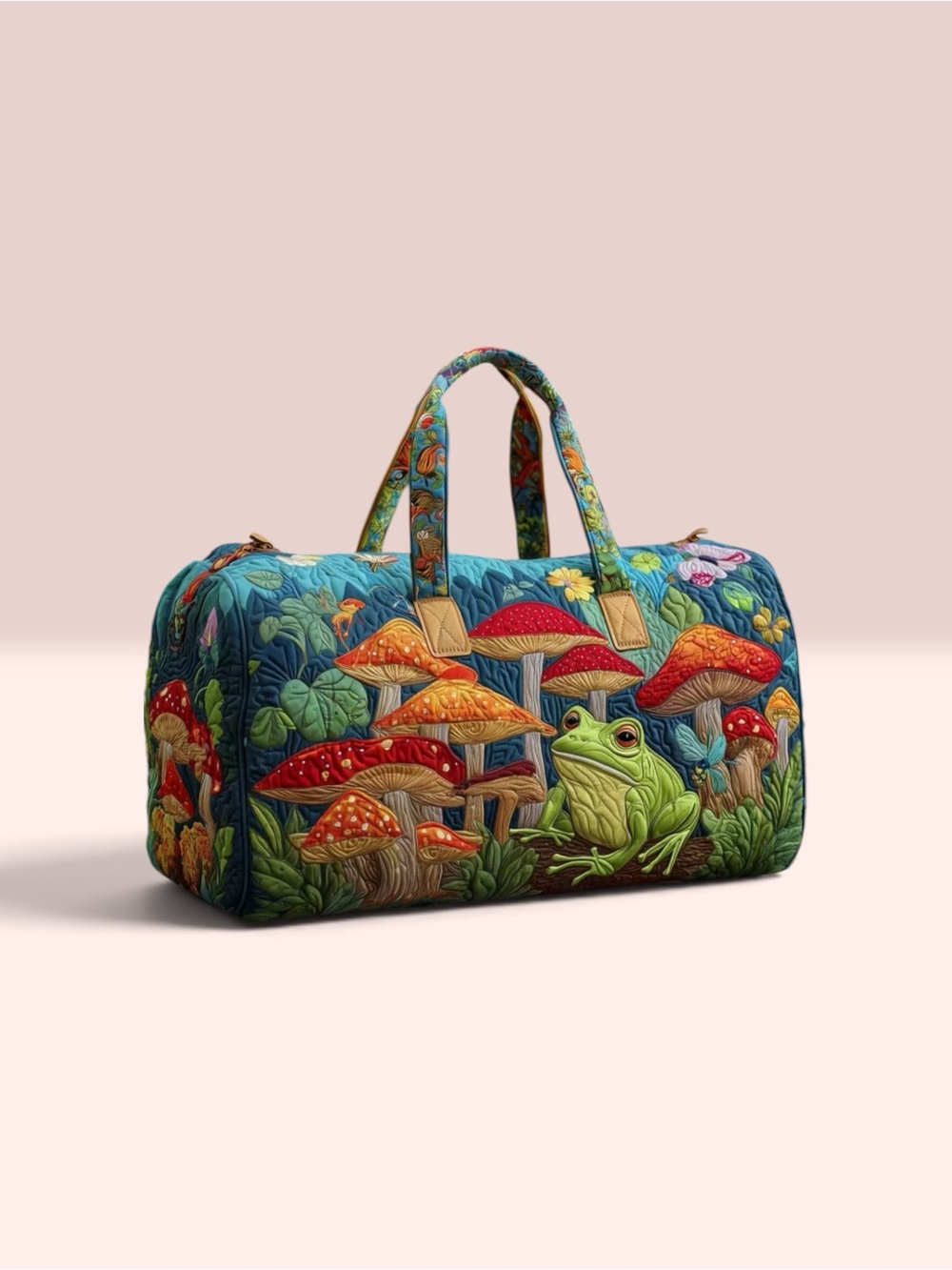 Boho Quilted Mushroom & Frog Weekender Duffle Bag Travel Tote - Picture 3 of 5